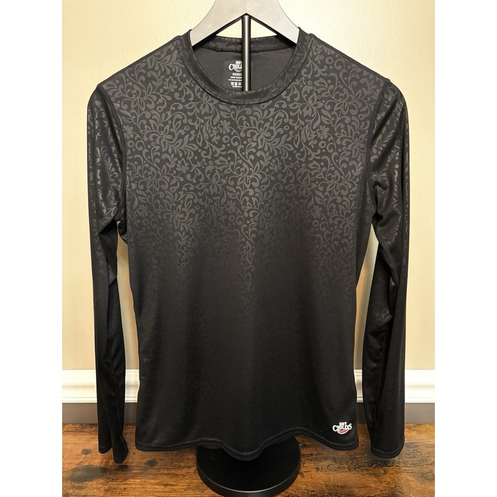 Hot Chillys Womens Base Layer Top Long Sleeve Crew Neck Black Floral Medium